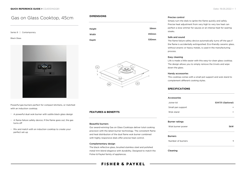 Fisher & Paykel Crystal Glass Gas Cooktop, 45cm (Model CG451DNGGB1) Quick Reference Guide - Page 1