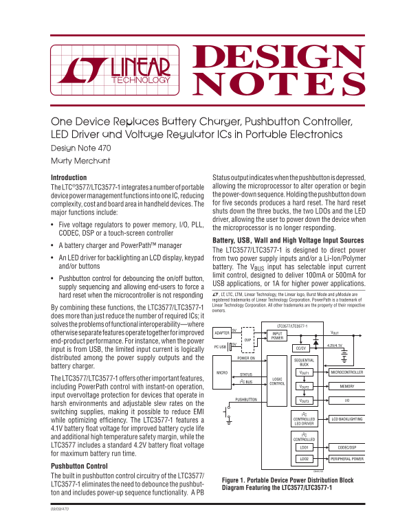LINEAR One Device Replaces Battery Charger, Pushbutton Controller, LED Driver and Voltage Regulator ICs inPortable Electronics Design Note 470 Marty Merchant Owner's Manual - Instructions & User Guide - Page 1
