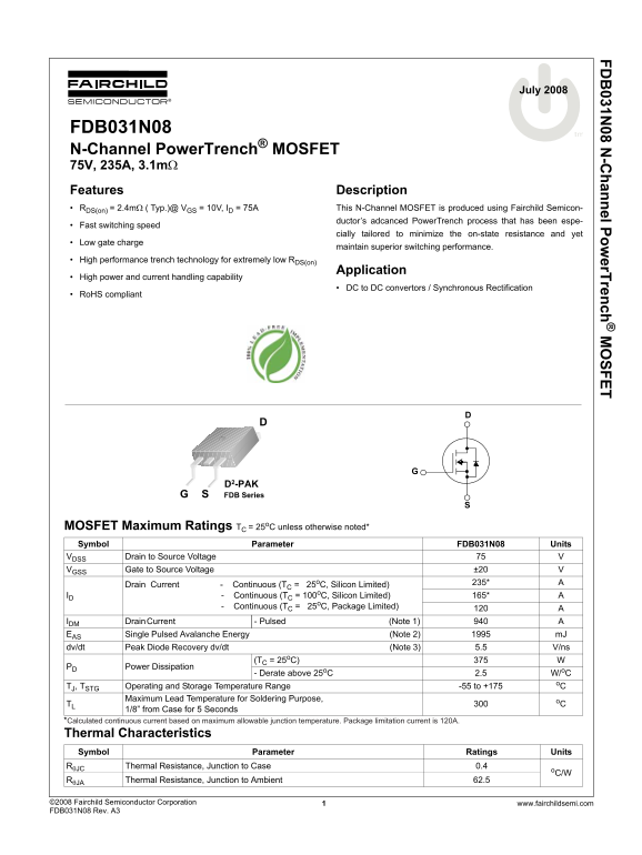 Fairchild FDB031N08 User Guide - Page 1