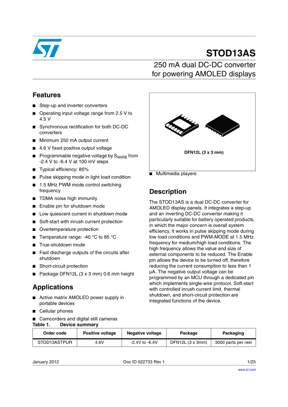 ST STOD13AS Dual DC-DC Converter 250mA for AMOLED Displays - Data Manual - Page 1