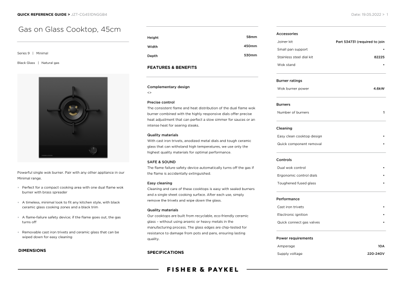 Fisher & Paykel JZT-CG451DNGGB4 Micro-Ceramic Gas Cooktop - 45cm Quick Reference Guide - Page 1