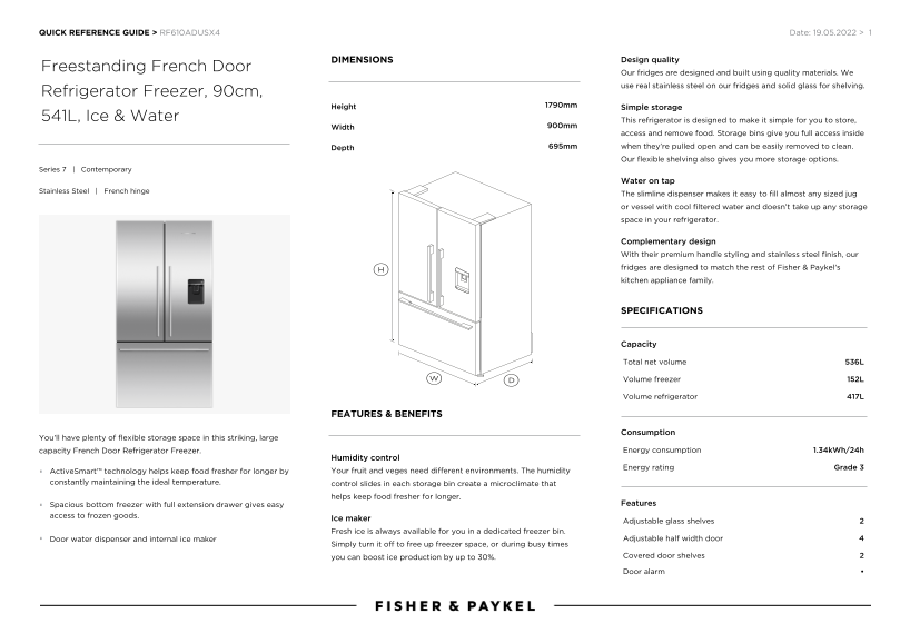Fisher & Paykel French Door Freestanding Refrigerator, 90cm, 541 Liters, Automatic Ice Maker and Ice Water (Model RF610ADUSX4) Quick Reference Guide - Auto Ice Maker & Ice Water Feature - Page 1