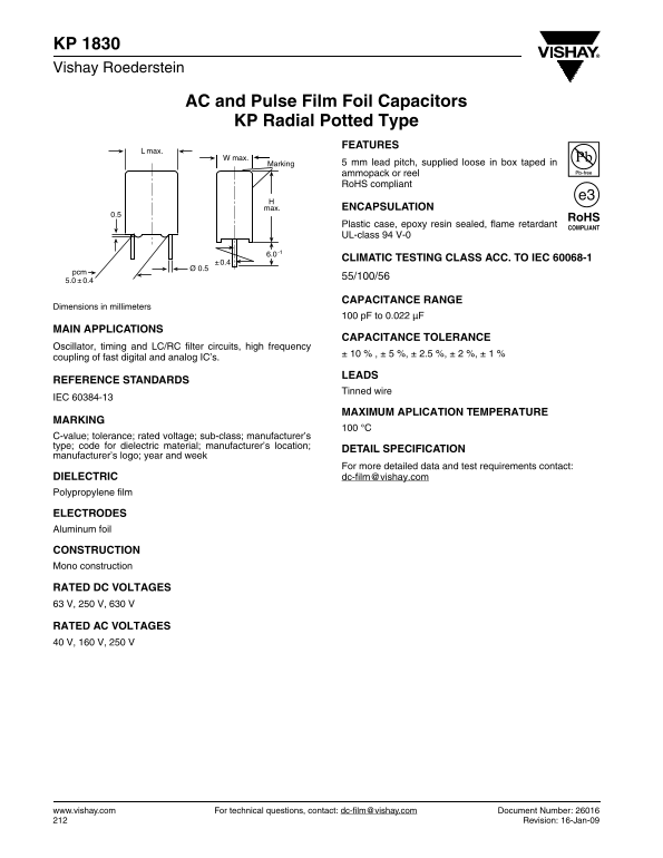 Vishay Roederstein KP 1830 Capacitor Product Specification Owner's Manual, Film Foil Capacitors - Radial Potted Type - AC and Pulse Applications - Vishay Electronics Division - Page 1