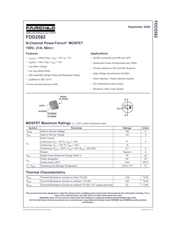 Fairchild FDD2582 N-Channel PowerTrench MOSFET 150V, 21A, 66mOhm Data Sheet - Page 1