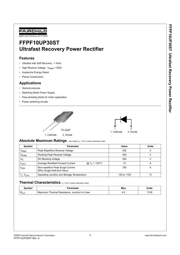 Fairchild FFPF10UP30ST Ultrafast Recovery Power Rectifier Data Sheet - Page 1