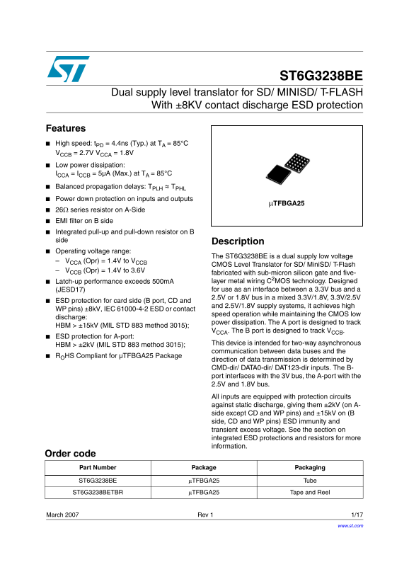 ST ST6G3238BE Dual Supply Level Translator for SD/MiniSD/T-Flash with ±8kV Contact Discharge ESD Protection - Page 1