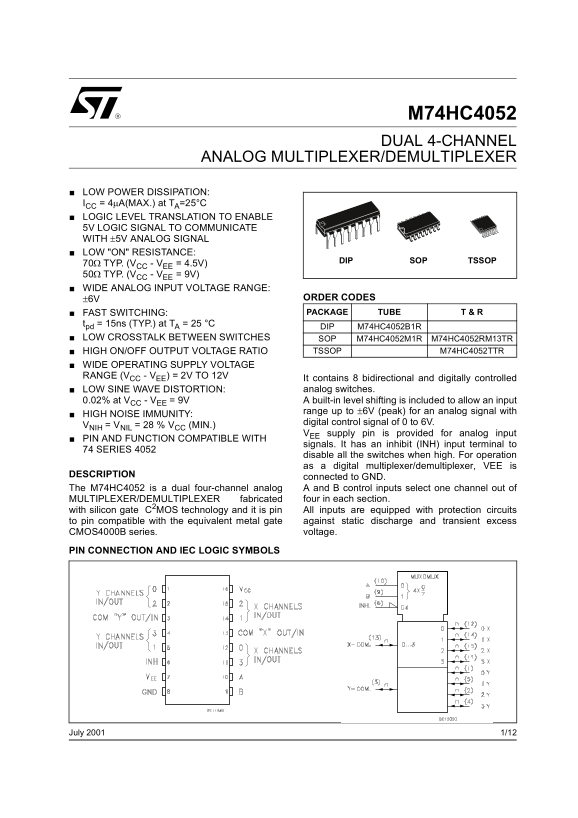 ST M74HC4052 Dual 4-Channel Analog Multiplexer/Demultiplexer User Manual / datasheet - Page 1