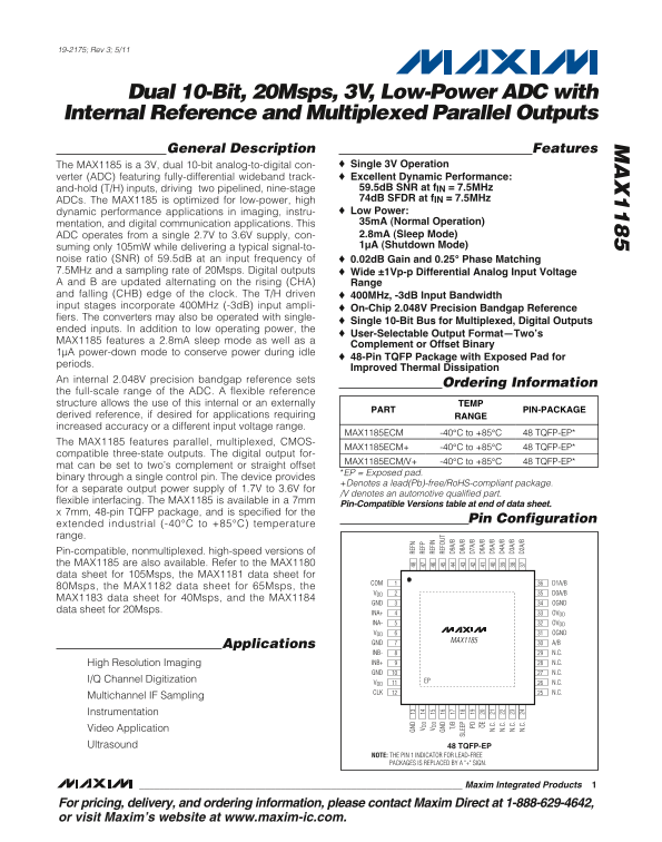 MAXIM MAX1185 Dual 10-Bit, 20Msps, 3V, Low-Power ADC with Internal Reference and Multiplexed Parallel Outputs - Page 1