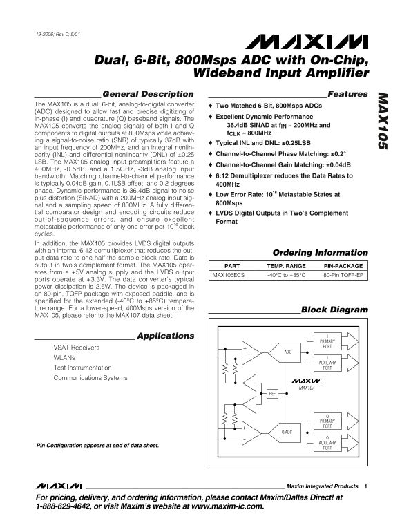 MAXIM MAX105 Dual 6-Bit 800Msps ADC with On-Chip Wideband Input Amplifier - Page 1