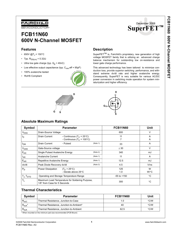 Fairchild FCB11N60 Specifications Manual - Page 1