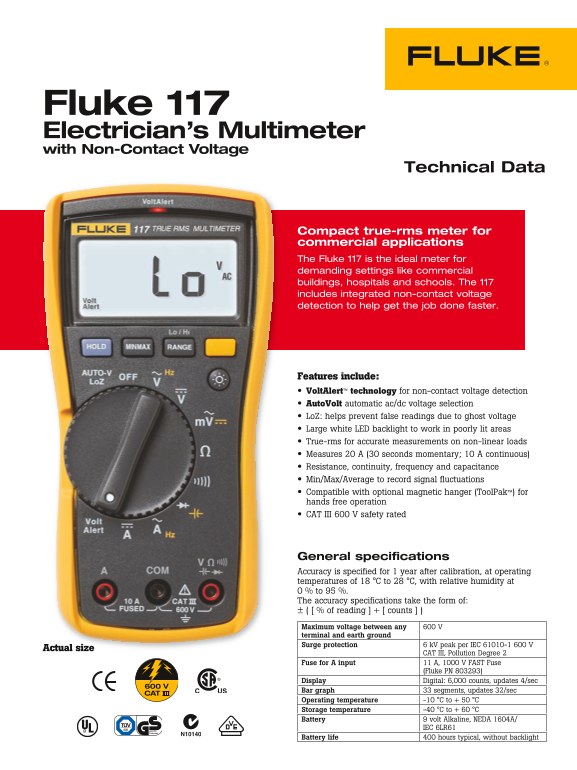 FLUKE 117 Electrician's Multimeter Manual - Page 1