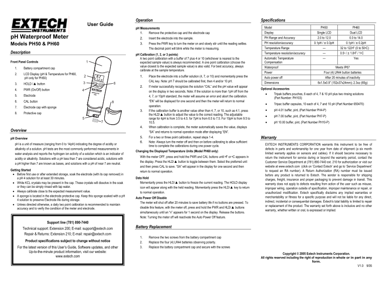 EXTECH INSTRUMENTS PH50 PH60 PH Waterproof Meter User Guide - Page 1