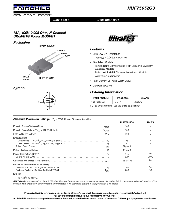 Fairchild HUF75652G3 Data Handbook - Page 1