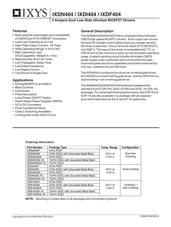 IXYS IXDN404/IXDI404/IXDF404 4Ampere Dual Low-Side Ultrafast MOSFET Drivers Owner's Manual - Specifications/User Guide - Page 1