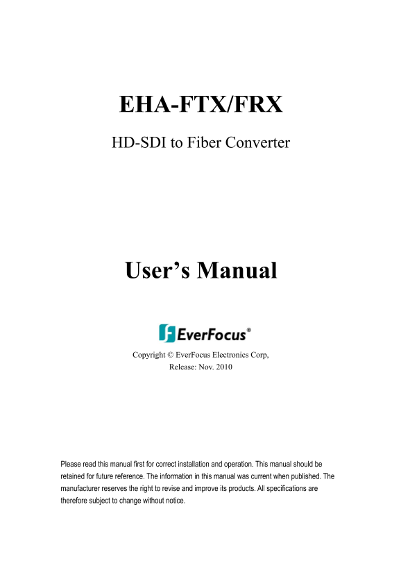 EverFocus Electronics Corp EHA-FTX FRX Manual - Page 1
