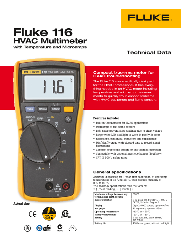 Fluke 116 HVAC Multimeter with Temperature Microamps Manual - Page 1
