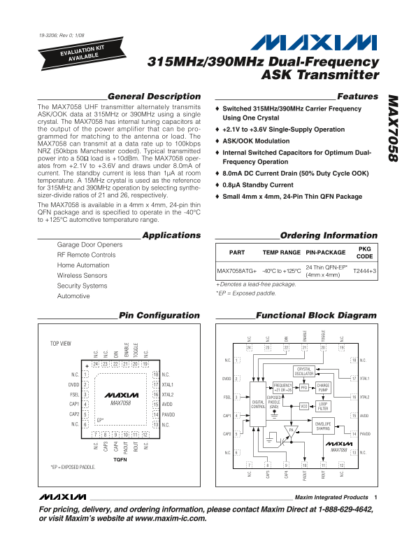 MAXIM MAX7058 315MHz 390MHz Dual-Frequency ASK Transmitter Specifications Sheet User Manual - Page 1