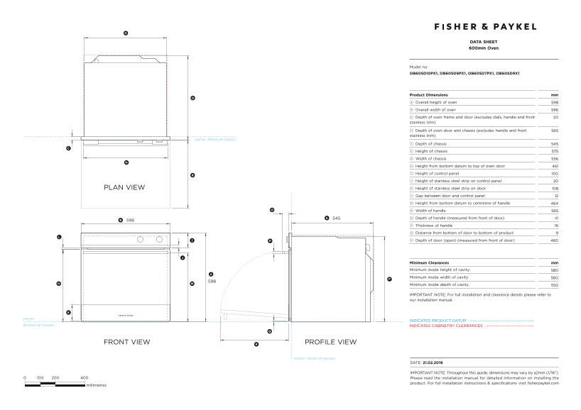 Fisher & Paykel oven, 60cm, 9 functions, High Temperature Self-Cleaning (Model OB60SD9PX1) Data Sheet - Page 1