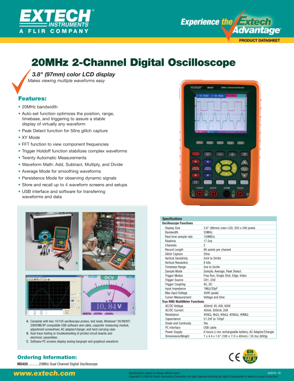 Extech MS420...20MHz Dual Channel Digital Oscilloscope User's Manual and Specifications - Page 1