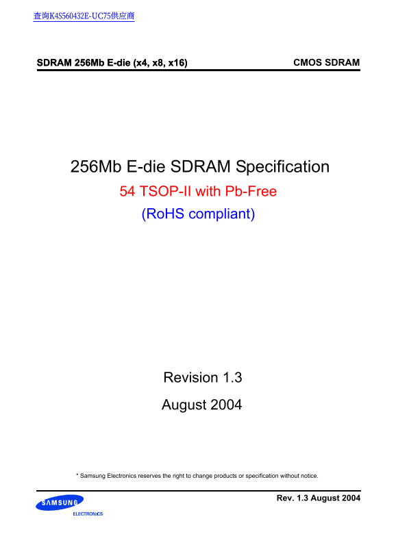 Samsung Electronics SDRAM 256Mb E-Die (x4, x8, x16) Data Sheet - Page 1