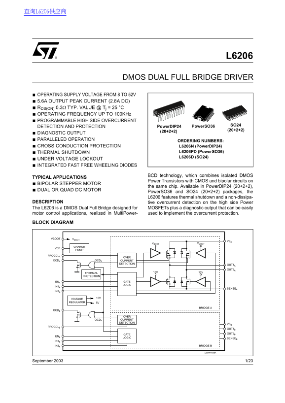 ST L6206DMOS Dual Full Bridge Driver Data Sheet - Page 1