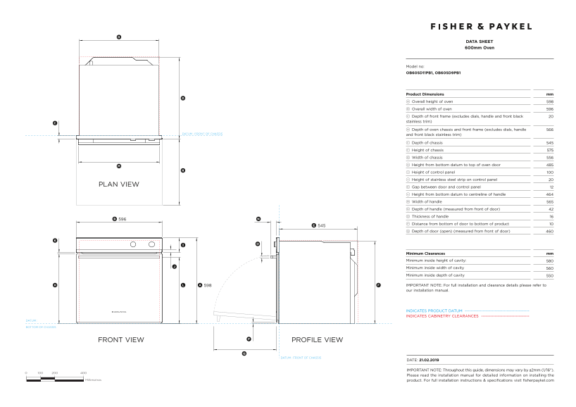 Fisher & Paykel Oven, 60cm, 11 Functions, Auto Clean (Model OB60SD11PB1) Data Sheet - Page 1
