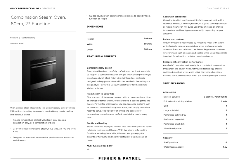 Fisher & Paykel oven/microwave combo, 60cm, 23 functions (model OS60SDTX1) Quick Reference Guide - Fast Start - Page 1