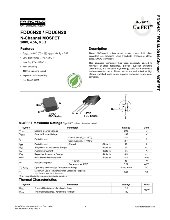 Fairchild FDD6N20 Specifications Manual - Page 1