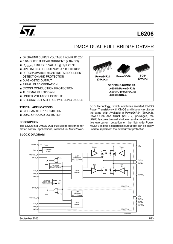 ST L6206 DMOS DUAL FULL BRIDGE DRIVER Data Sheet User Manual - Page 1
