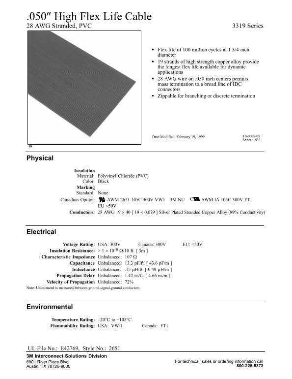 3M 3319 Series 050" High Flex Life Cable User's Manual - Page 1
