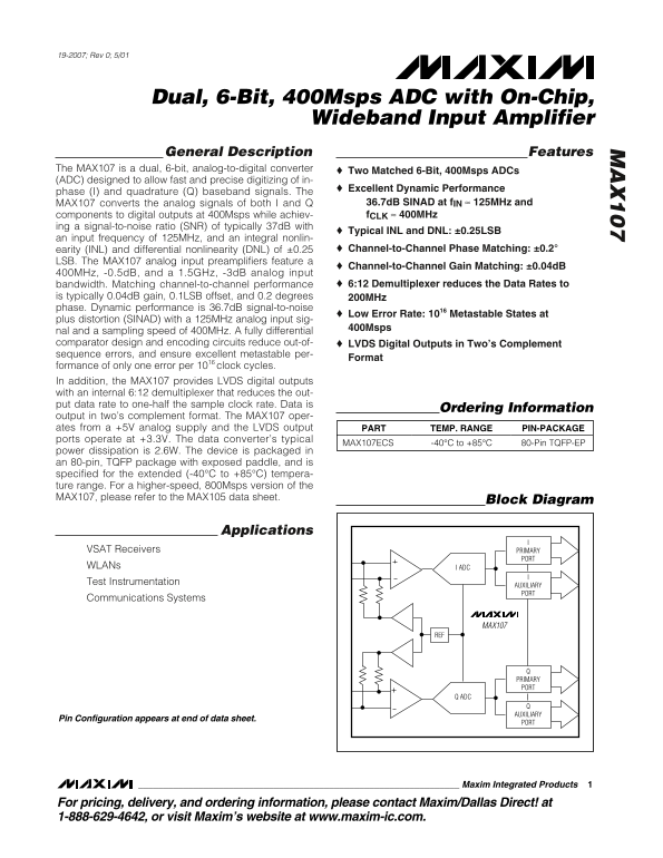 MAXIM MAX107 Dual, 6-Bit, 400Msps ADC with On-Chip, Wideband Input Amplifier Data Sheet - Page 1