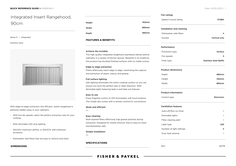 Fisher & Paykel Built-in Vent Hood 90cm (Model HPB9048-2) Quick Reference Guide - Fast Setup Tips for Installation - Page 1