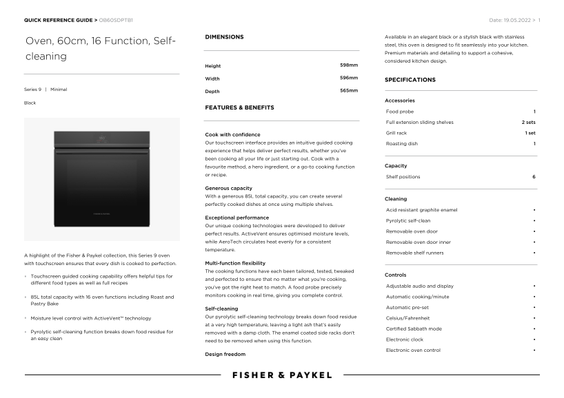 Fisher & Paykel Oven, 60cm, 16 Functions, High Temperature Self-Cleaning (Model OB60SDPTB1) Quick Reference Guide - High Temperature Cleaning Instructions - Page 1