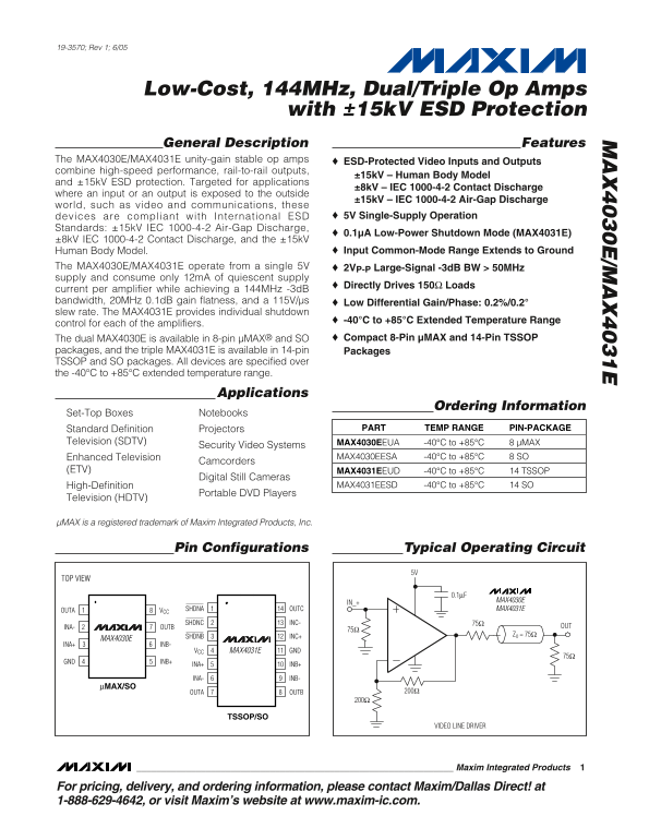 MAXIM MAX4030E MAX4031E Low-Cost, 144MHz, Dual Triple Op Amps with ±15kV ESD Protection - Page 1
