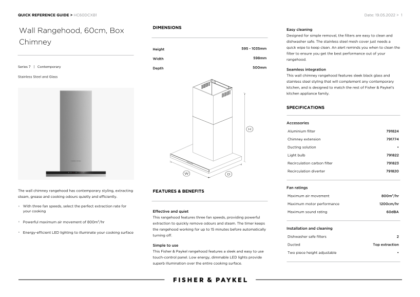 Fisher & Paykel Wall-mounted Hood 60cm (Model HC60DCXB1) Quick Reference Guide - Page 1