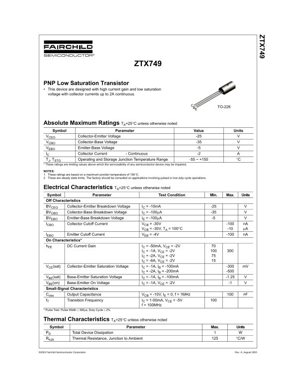 Fairchild ZTX749 PNP Low Saturation Transistor Data Sheet - Page 1