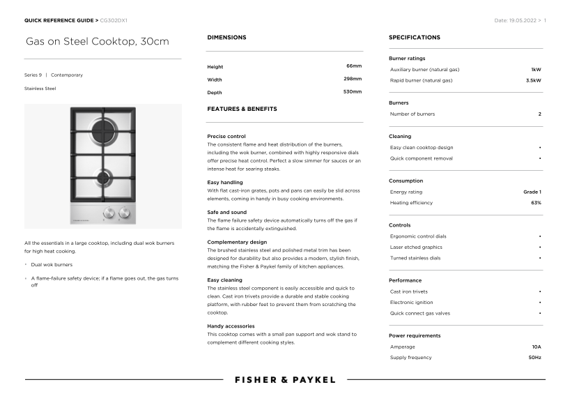 Fisher & Paykel Stainless Steel Gas Cooktop, 30cm (Model CG302DX1) Quick Reference Guide - Page 1