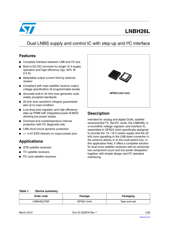 ST LNBH26L Dual LNBS supply and control IC with step-up and I²C interface - Page 1