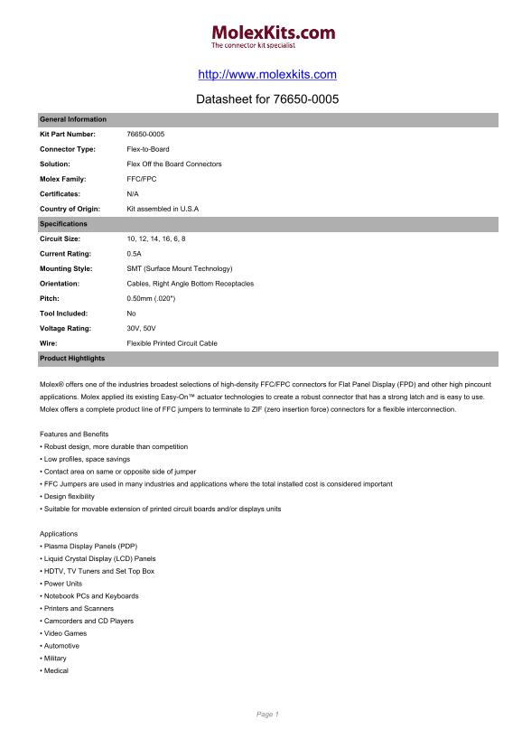 MOLEX 76650-0005 Datasheet Flex- to-Board Solution User Guide, Off-the-Board Connectors - Page 1