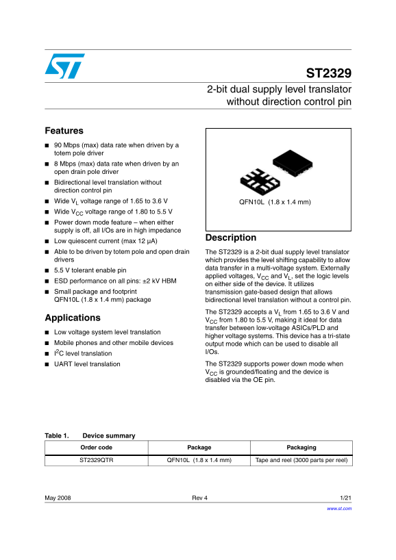 ST ST2329 2-bit dual supply level translator without direction control pin - Page 1