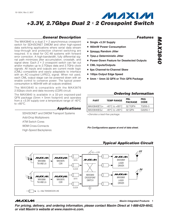 MAXIM MAX3840 +3.3V, 2.7Gbps Dual 2 × 2 Crosspoint Switch Data Manual - Page 1