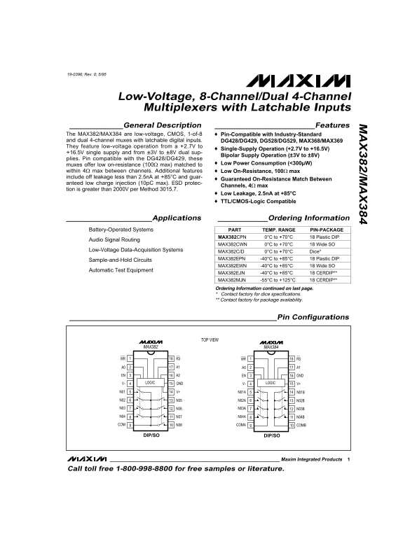 MAXIM MAX382 MAX384 Low-Voltage, 8-Channel Dual 4-Channel Multiplexers with Latchable Inputs - Page 1