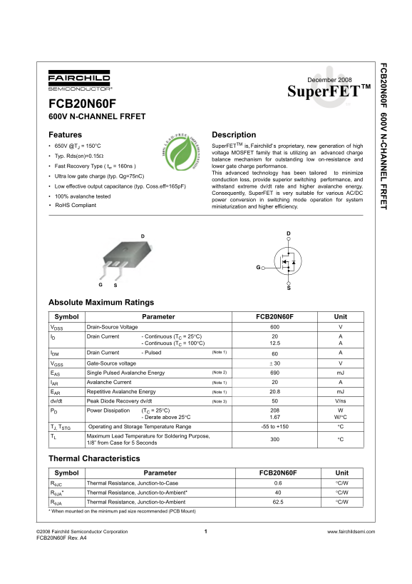 Fairchild FCB20N60F User's Manual - Page 1