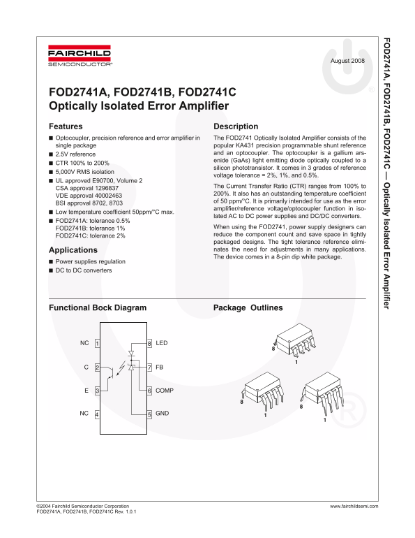 Fairchild FOD2741A B C Optically Isolated Error Amplifier Data Sheet - Page 1