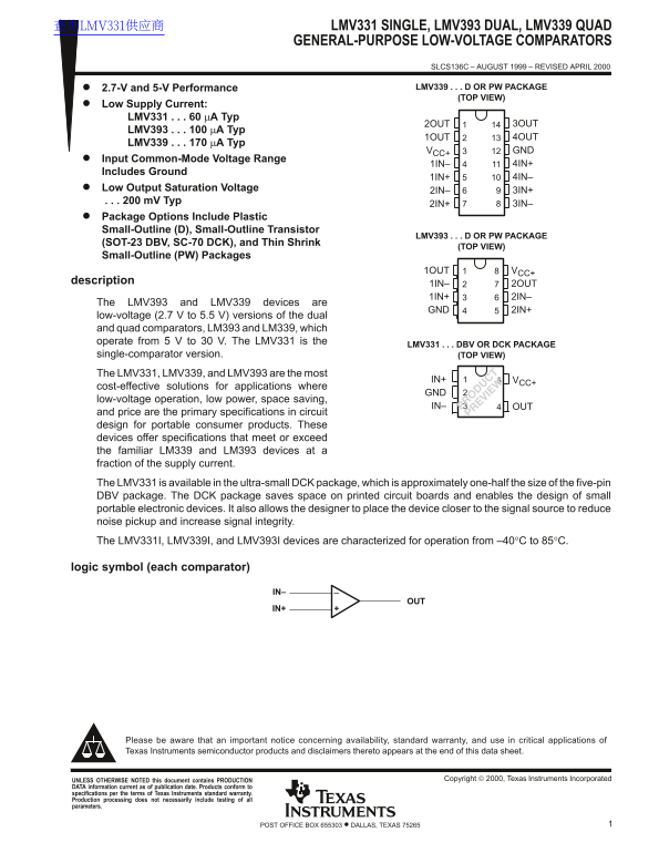 Texas Instrument LMV331 Single, LMV393 Dual, LMV339 Quad General-Purpose Low-Voltage Comparators Data Manual - Page 1