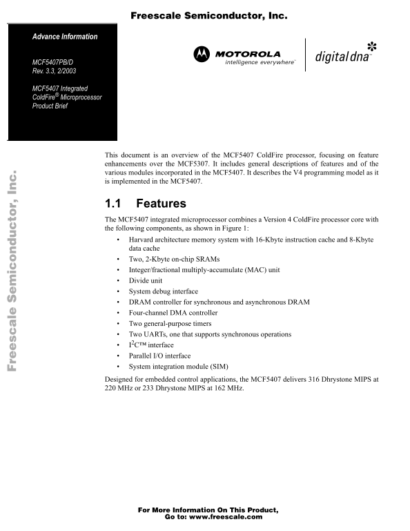 Motorola Freescale Semiconductor MCF5407PB D Rev. 3.3, 2 2003 MCF5407 Integrated ColdFire Microprocessor Product Brief - Page 1