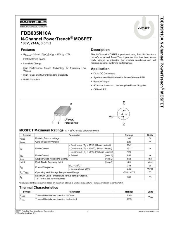 Fairchild FDB035N10A User Guide - Page 1