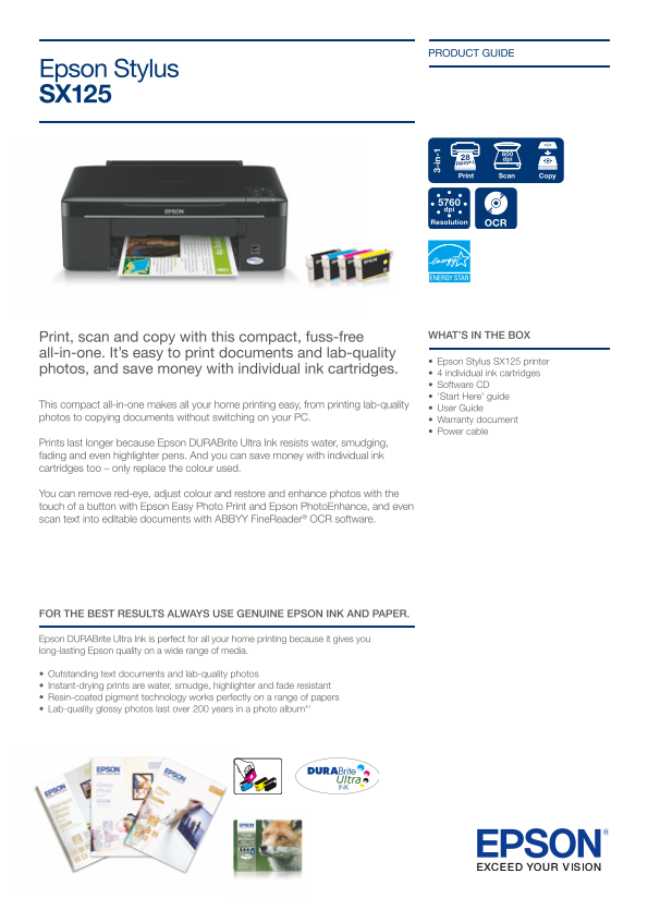 Epson Stylus SX125 User Guide - Page 1