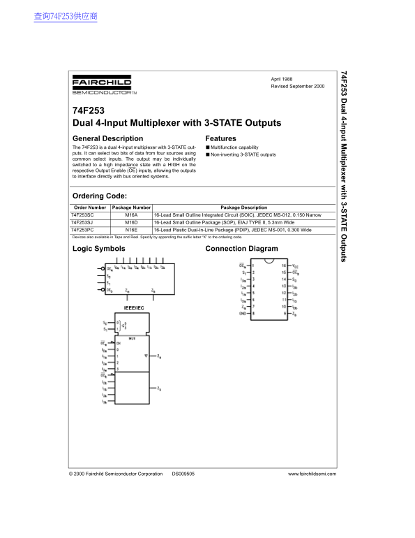 Fairchild 74F253 Dual 4-Input Multiplexer with 3-STATE Outputs Data Handbook - Page 1