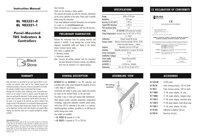 HANNA instruments BL 983321-0, BL 983321-1 User Manual - Page 1